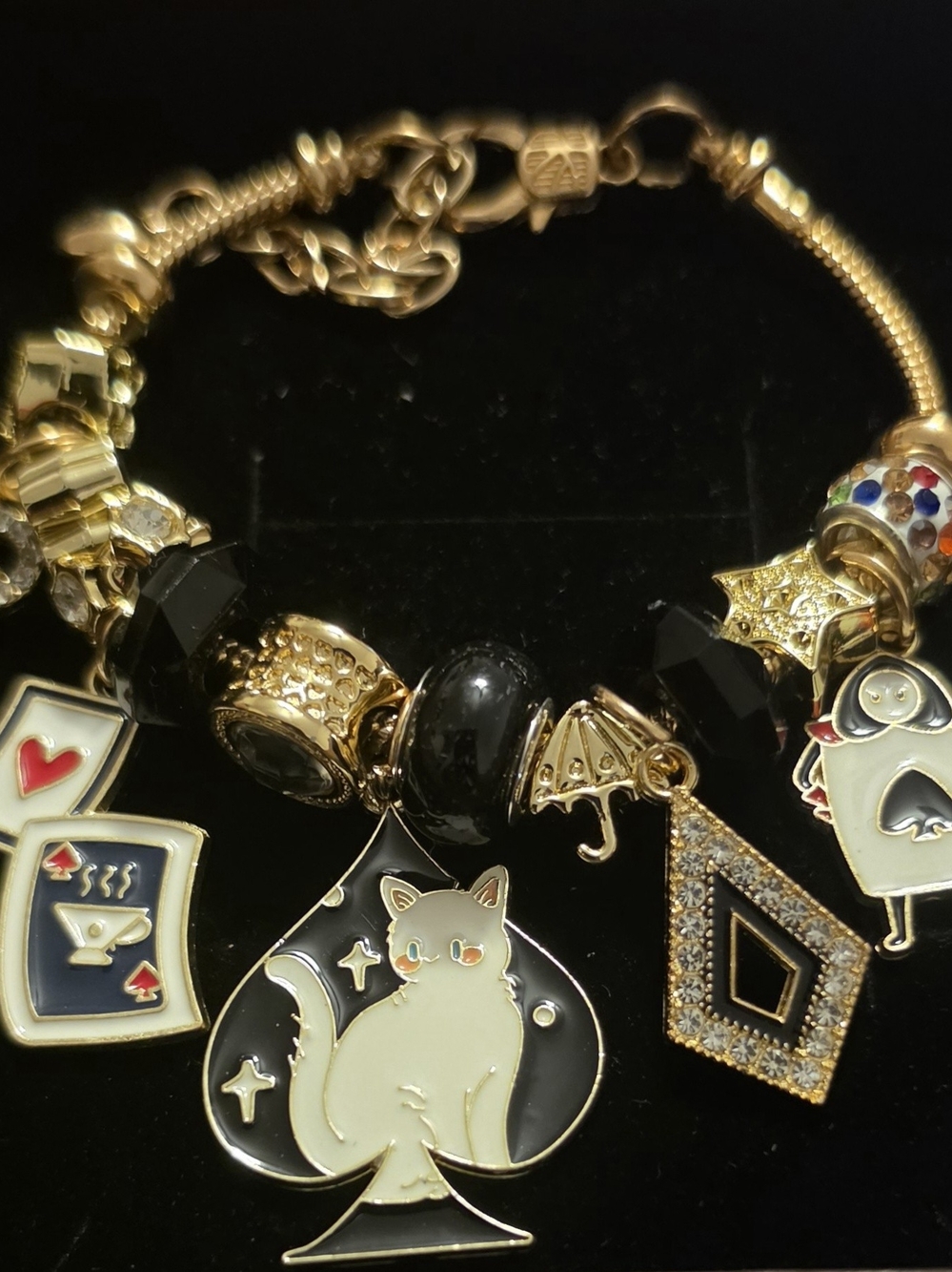 Gold Tone Black & Cream Cat Charm Bracelet - Pets Cat